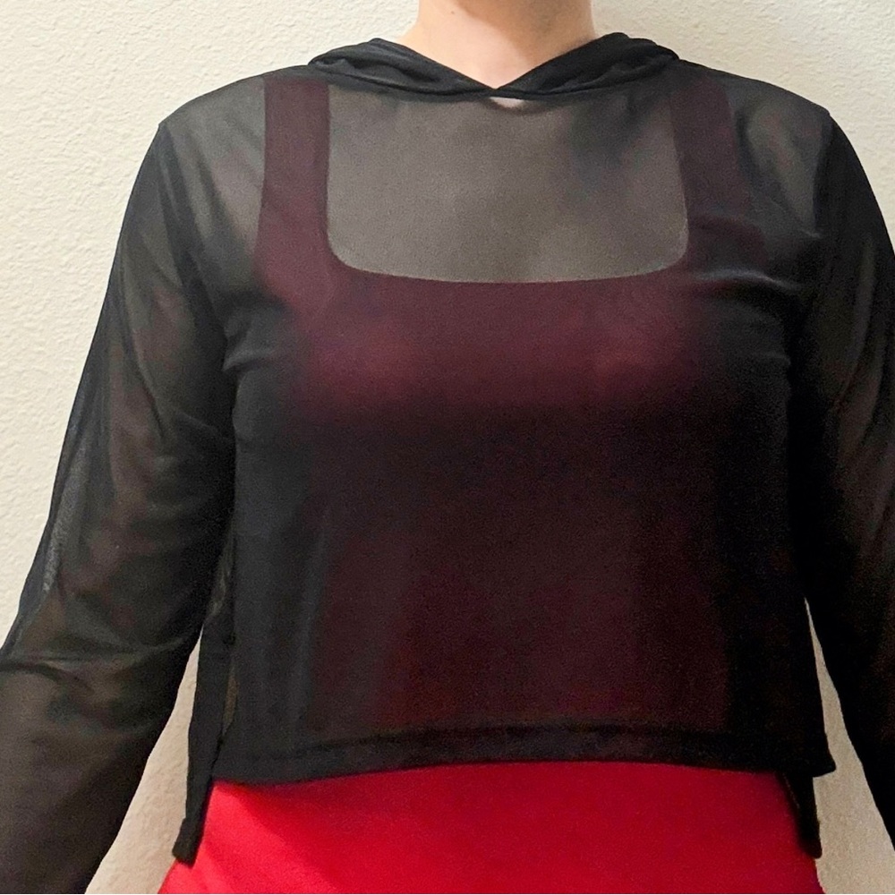 Black Sheer Mesh Cropped Hoodie Long Sleeve Lightweight Layer Top